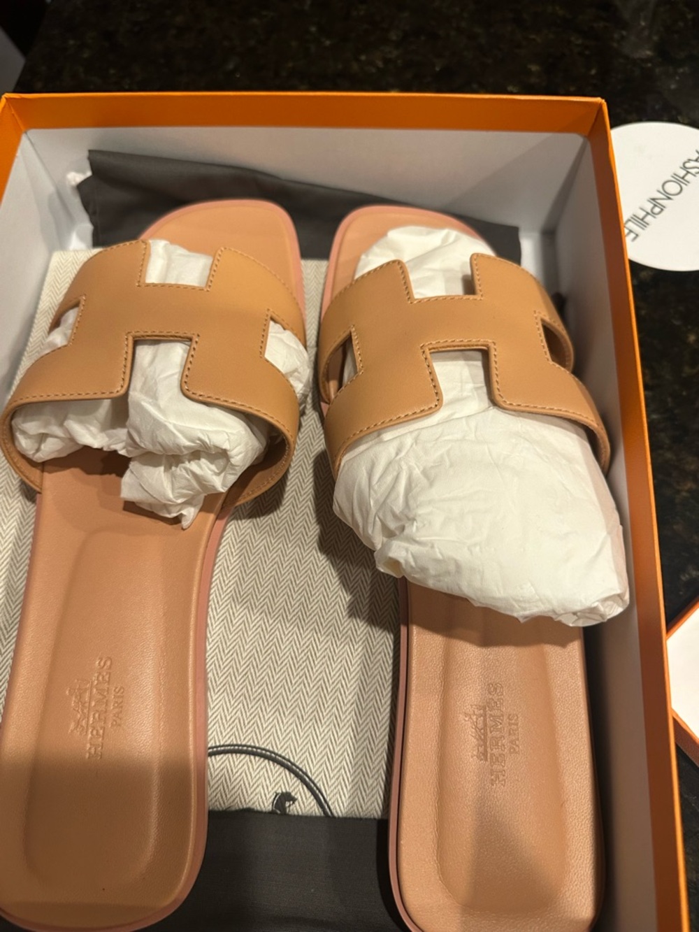 Hermes Tan H-Logo Leather Slide Sandals